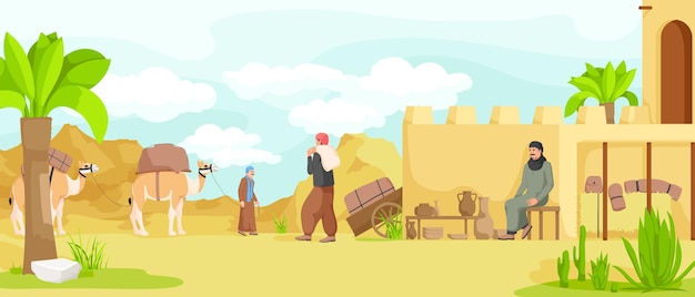 Vector pequeña ciudad árabe paisaje urbano arquitectura edificios de dibujos animados musulmán antigua mezquita ciudad tradicional caravana de camellos con beduinos auténtica religión de oriente medio casa urbana ilustración vectorial