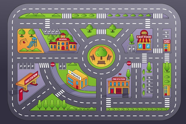 Pequeña ciudad colorida de estilo de arte de línea con edificios y carreteras