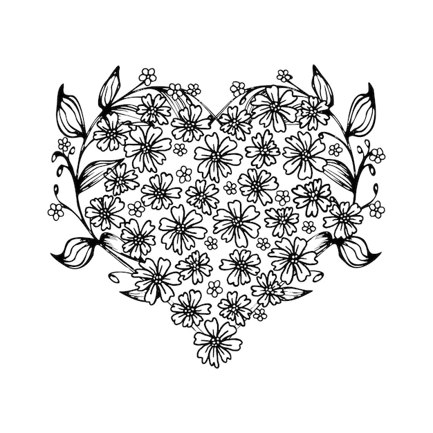 Pequeña composición de flores y hojas corazones dibujo a mano de tinta dibujado con fondo vectorial floral para tarjeta o invitación decoración del día de San Valentín para corte