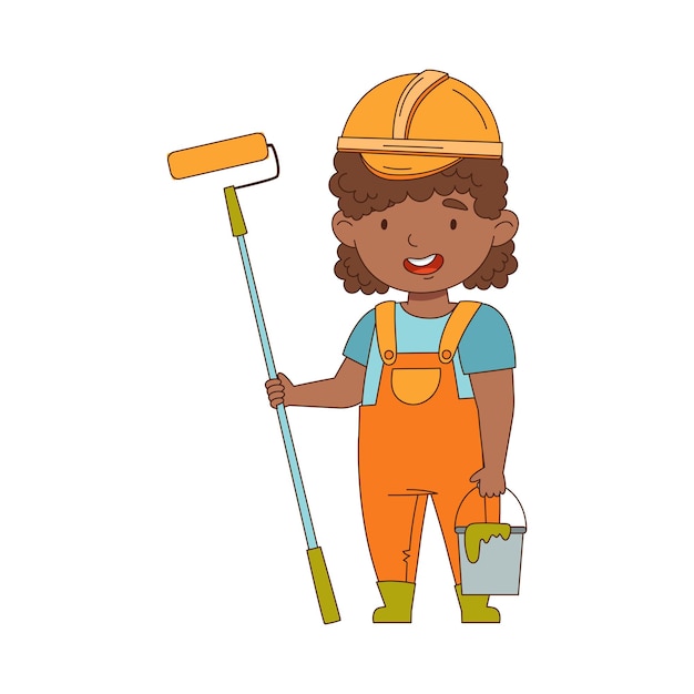 Pequeña constructora con sombrero y sobre todo de pie con rodillo y cubo con pinturas Ilustración vectorial