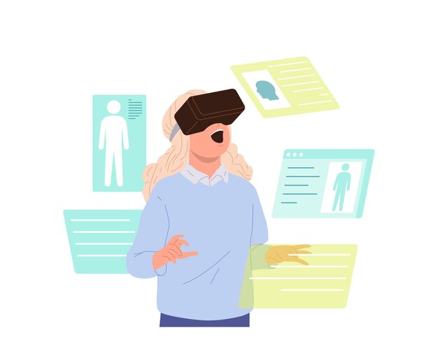 Pequeña estudiante estudiante personaje de dibujos animados con auriculares de realidad virtual aprendiendo anatomía