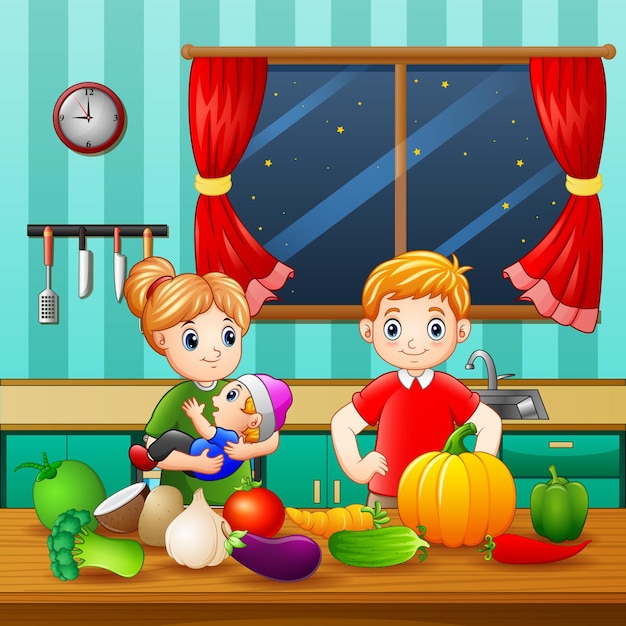 Pequeña familia en la cocina con diferentes tipos de verduras.