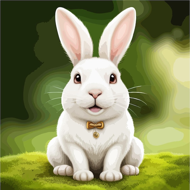 Pequeña y graciosa liebre blanca o conejo en el claro del bosque de una ilustración de dibujos animados vectoriales de cuento de hadas