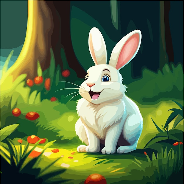 Pequeña y graciosa liebre blanca o conejo en el claro del bosque de una ilustración de dibujos animados vectoriales de cuento de hadas
