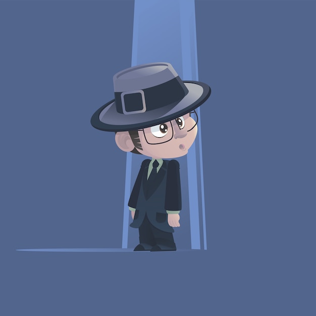 Vector pequeña ilustración de detective, personaje de dibujos animados.