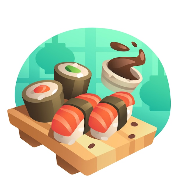 Una pequeña ilustración de dibujos animados de sushi con salsa de soja en una entrega de madera