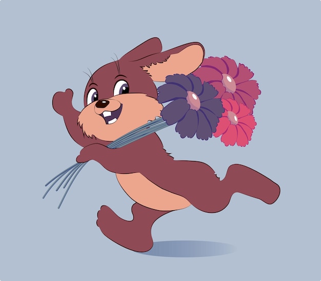 Vector una pequeña liebre corre con un ramo de flores.