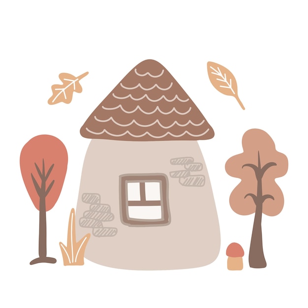 Pequeña y linda casa de campo con puerta y ventana Exterior de la casa Cabaña de pueblo entre árboles Ilustración de vector plano coloreada aislada sobre fondo blanco
