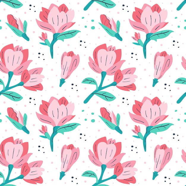 Pequeña magnolia rosa Dibujos animados planos coloridos dibujados a mano de patrones sin fisuras