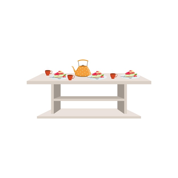 Pequeña mesa blanca con tres tazas de té y pastel en un vector de platos ilustración aislada sobre fondo blanco