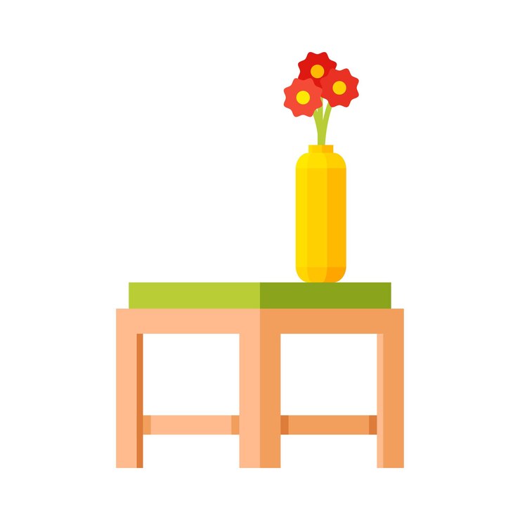 Vector pequeña mesa de madera con jarrón de flores rojas diseño moderno de muebles de jardín ilustración vectorial plana