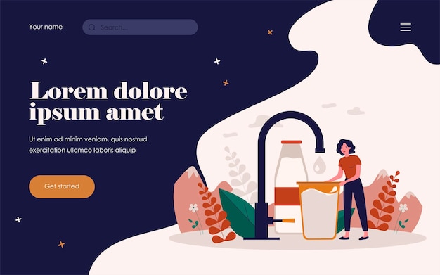 Pequeña mujer que toma la ilustración de vector plano de agua limpia pura. Personaje femenino de dibujos animados de pie con vaso de bebida natural fresca y líquido potable. Concepto de naturaleza, eco y medio ambiente.
