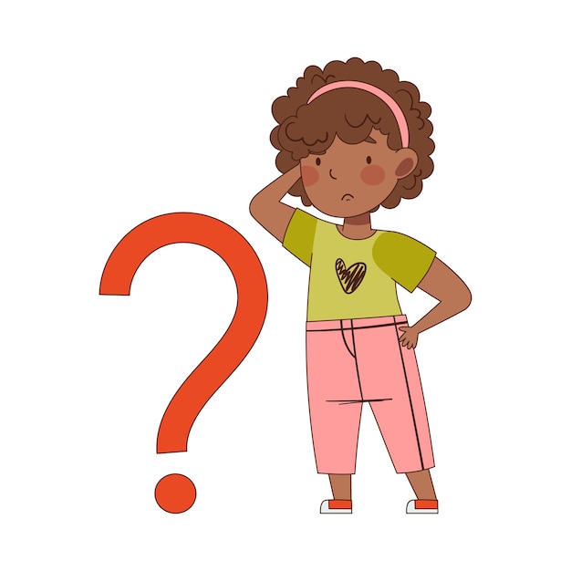 Pequeña niña afroamericana desconcertada con un signo de pregunta rascándose la cabeza Ilustración vectorial de asombro