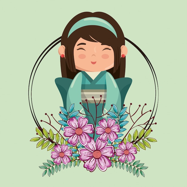 Pequeña niña japonesa kawaii con carácter de flores