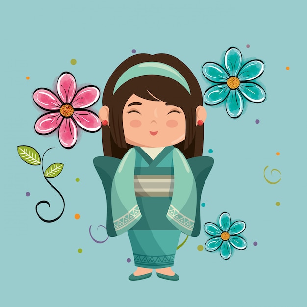 Vector pequeña niña japonesa kawaii con carácter de flores