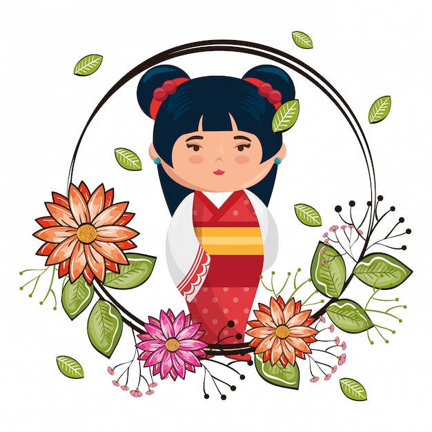 Vector pequeña niña japonesa kawaii con carácter de flores