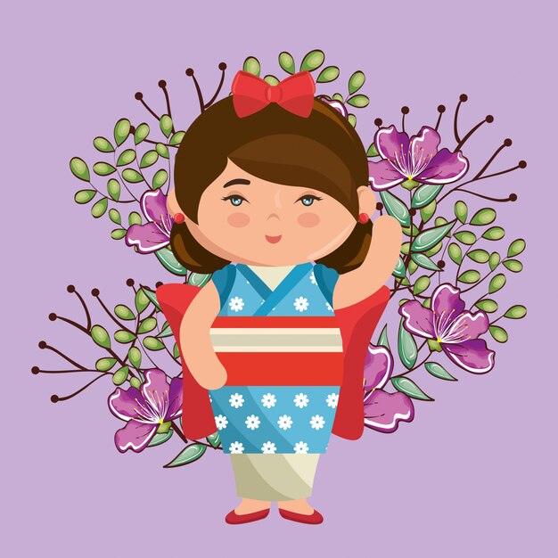 Vector pequeña niña japonesa kawaii con carácter de flores