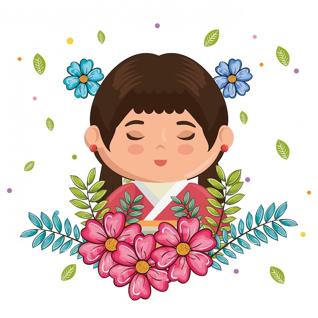 pequeña niña japonesa kawaii con carácter de flores