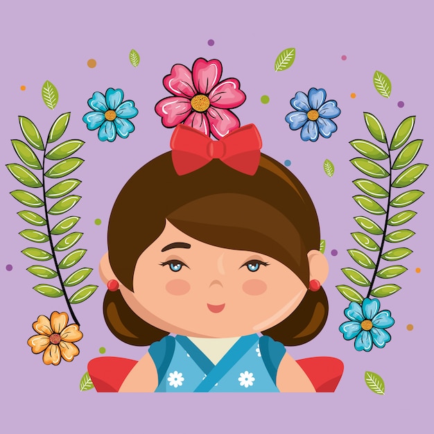 Vector pequeña niña japonesa kawaii con carácter de flores