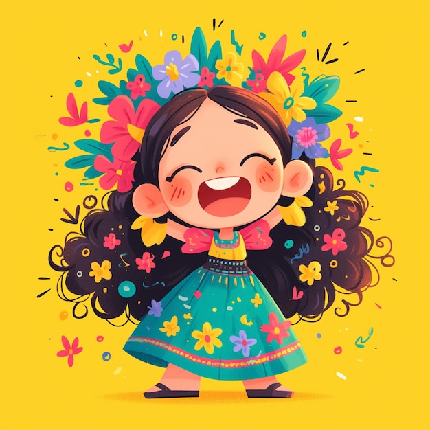 Vector una pequeña niña mexicana celebra el día de los niños al estilo de las caricaturas