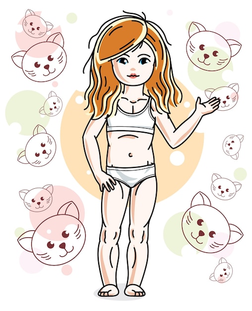 Pequeña niña pelirroja en ropa interior de pie en el fondo con gatos. Ilustración vectorial atractiva para niños. Tema de la hora de dormir.