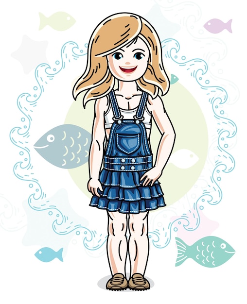 Pequeña niña rubia niño lindo niño pequeño en ropa casual de pie sobre fondo marino con océano y peces. Vector bastante ilustración humana.