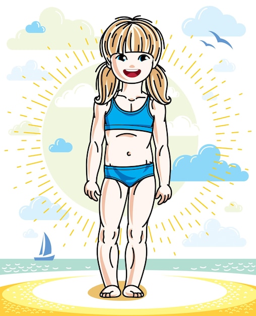 Pequeña niña rubia de pie en una playa soleada y con traje de baño. Ilustración de niño vectorial. Tema de vacaciones de verano.