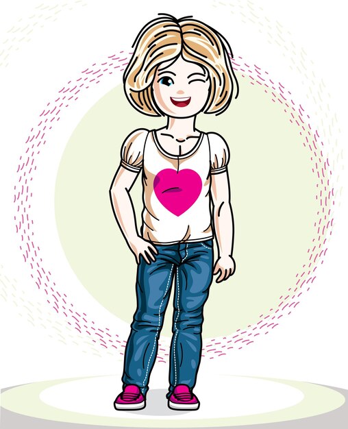 Vector pequeña niña rubia en ropa casual de moda. ilustración vectorial de un niño de pie.