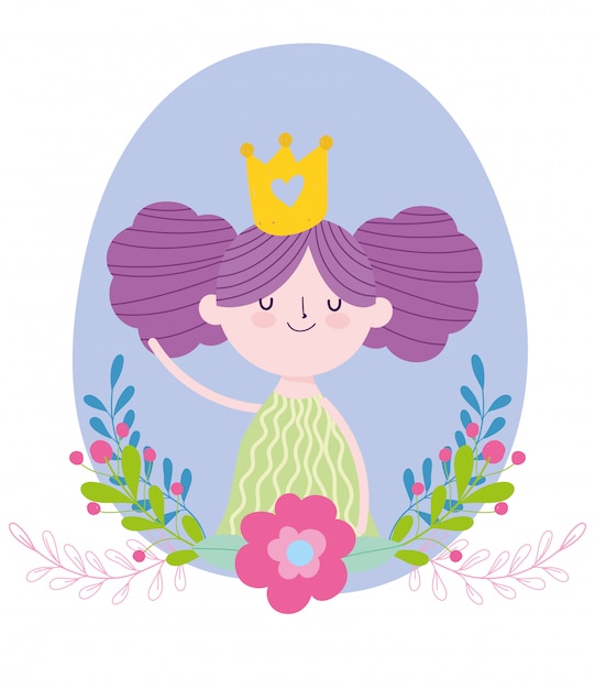 Pequeña princesa de hadas con dibujos animados de cuento de flores de corona de oro