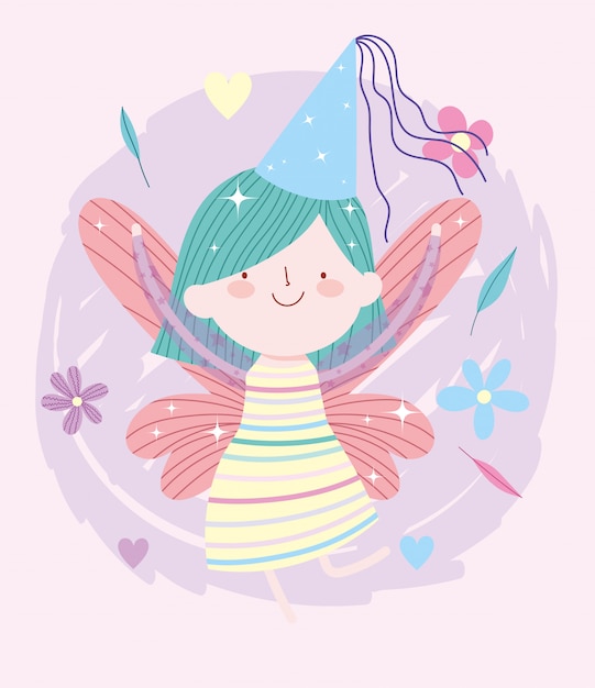 Vector pequeña princesa de hadas con dibujos animados de cuento de sombrero y flores