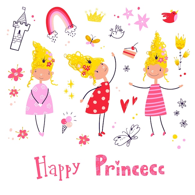 Pequeña princesa linda colección de garabatos vector ilustración infantil