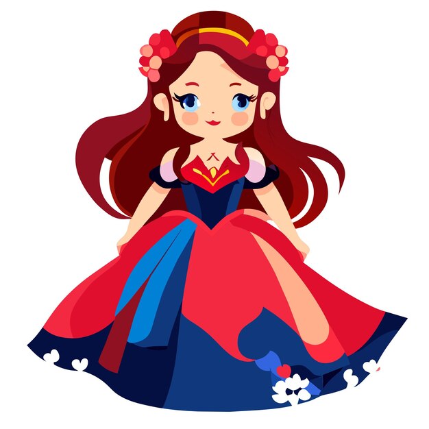 Una pequeña princesa linda dibujada a mano, plana, elegante, adhesiva de dibujos animados, icono de concepto, ilustración aislada.