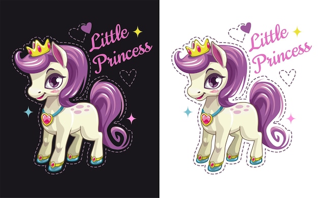 Vector pequeña princesa pony bonito de dibujos animados con cabello morado