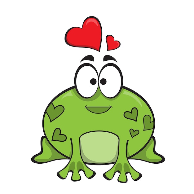 Vector pequeña rana divertida con corazones rojos sobre la cabeza en estilo de dibujos animados aislado en blanco