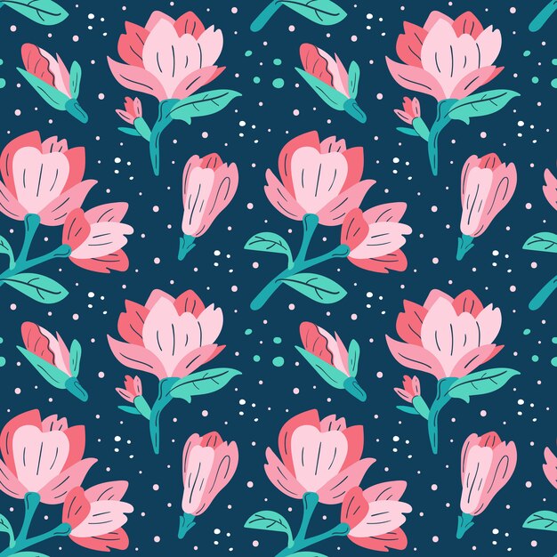Pequeña rosa magnolia. Patron inconsútil dibujado a mano