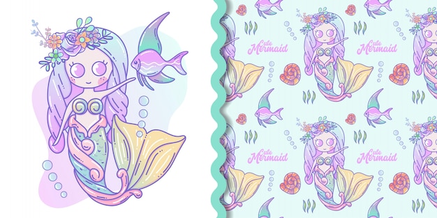 Pequeña sirena linda y dibujos animados de vida marina con conjunto de patrones sin fisuras