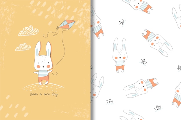 Pequeña tarjeta dibujada mano del conejo y modelo inconsútil. Ilustración infantil