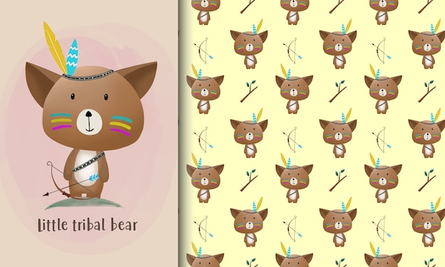 Vector pequeña tarjeta de oso tribal de dibujos animados y patrones sin fisuras.