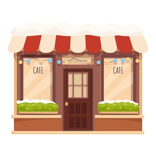 Pequeña tienda de cafetería decorada para Navidad con nieve cayendo
