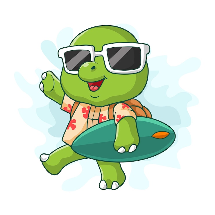 Vector pequeña tortuga de dibujos animados en vasos tomando surf