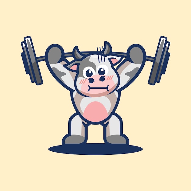 Pequeña vaca linda en el gimnasio, ilustración de vector de minimalismo plano de dibujos animados
