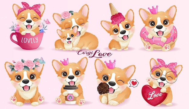 Pequeña vida linda del corgi con el conjunto de la ilustración de la acuarela