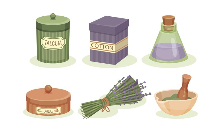 Vector pequeñas cajas con etiquetas botellas anticuadas un montón de hierbas medicinales y un cuenco de madera con polvo ilustración vectorial