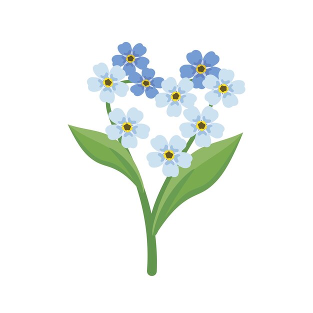 Pequeñas flores azules no me olvides en forma de corazón con tallos y hojas Plantas con flores de campo Decoración romántica para bodas y diseño Ilustración plana vectorial