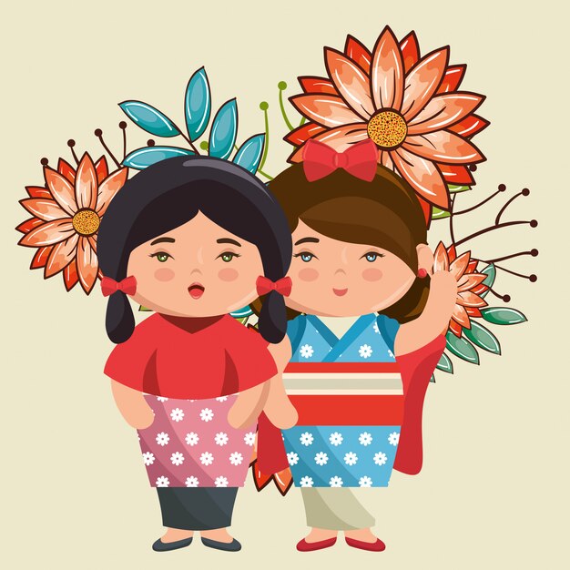 pequeñas kawaii japonesas de las muchachas de la pareja con los caracteres de las flores