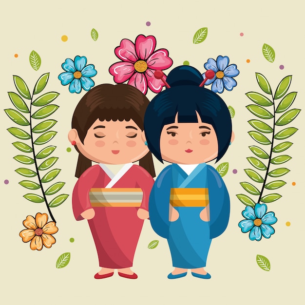 Pequeñas kawaii japonesas de las muchachas de la pareja con los caracteres de las flores