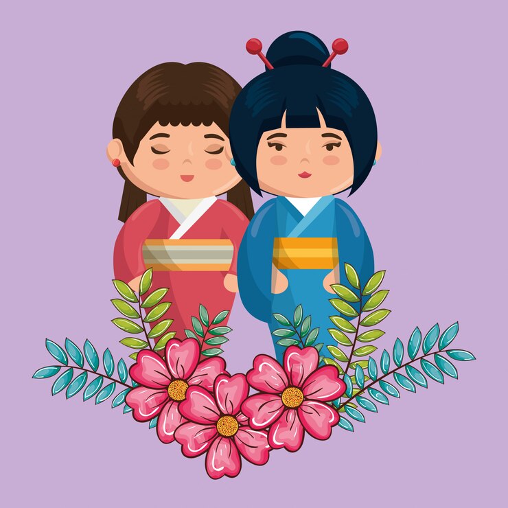 Vector pequeñas kawaii japonesas de las muchachas de la pareja con los caracteres de las flores