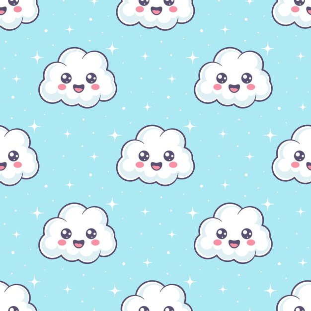 Pequeñas nubes blancas de kawaii con caras sonrientes sobre un fondo azul con un patrón sin costuras vectorial