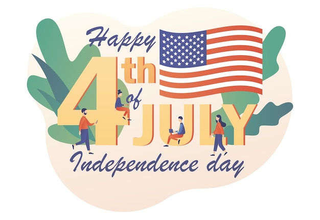Pequeñas personas celebran el Día de la Independencia de los Estados Unidos de América Feliz 4 de julio texto grande Fourt
