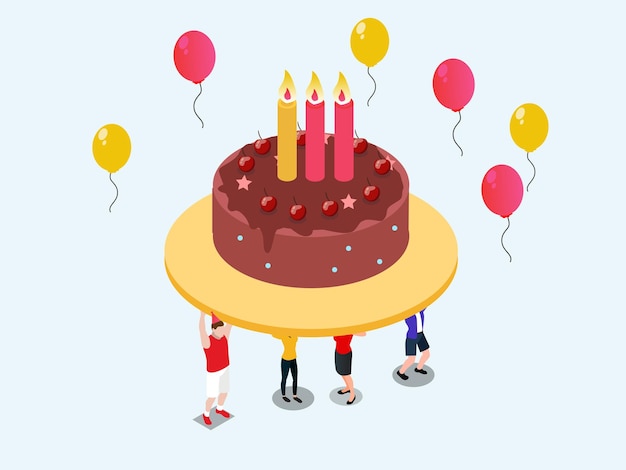Pequeñas personas llevando pastel de cumpleaños